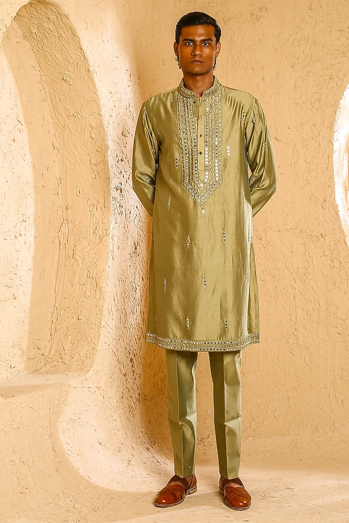 Dark Beige Chanderi Mirror Work Kurta Set by Chatenya Mittal at Pernia's Pop Up Shop