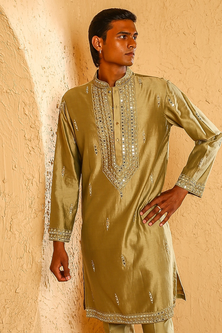Dark Beige Chanderi Mirror Work Kurta Set by Chatenya Mittal at Pernia's Pop Up Shop