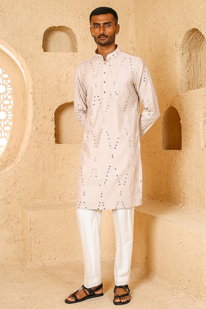 Light Beige Silk Blend Mirror Work Kurta Set by Chatenya Mittal at Pernia's Pop Up Shop