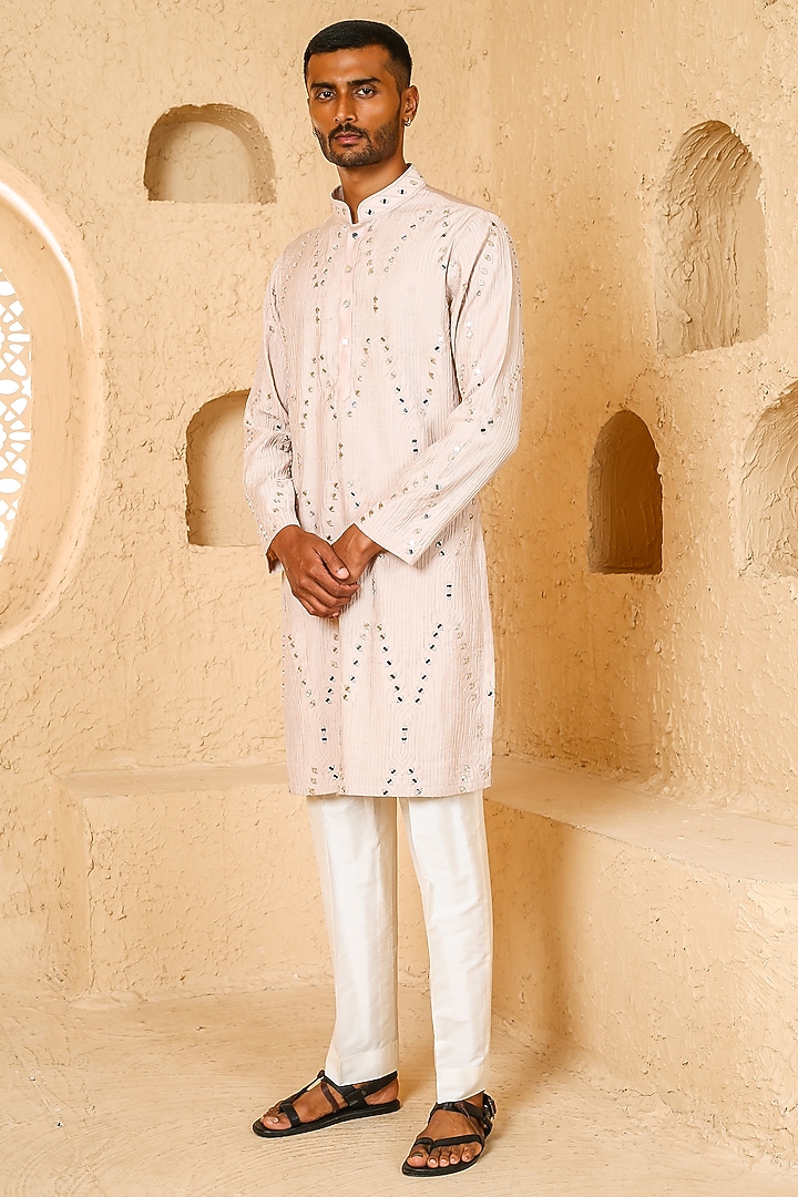 Light Beige Silk Blend Mirror Work Kurta Set by Chatenya Mittal at Pernia's Pop Up Shop