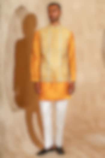 Mustard Cotton Silk Embroidered Nehru Jacket Set by Chatenya Mittal at Pernia's Pop Up Shop