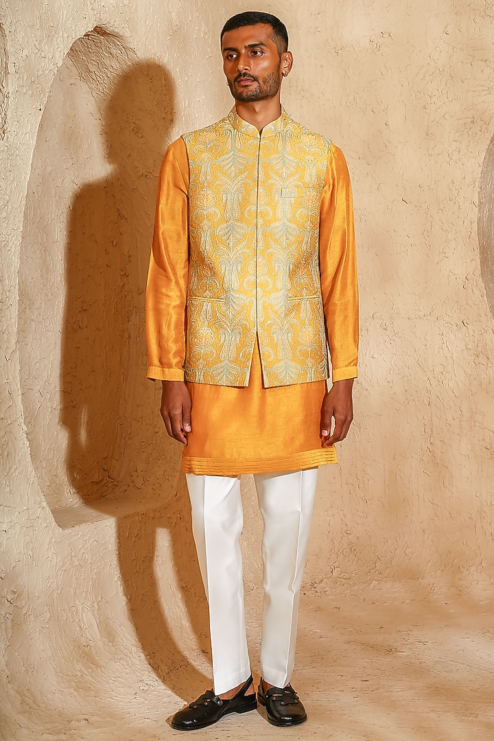 Mustard Cotton Silk Embroidered Nehru Jacket Set by Chatenya Mittal at Pernia's Pop Up Shop