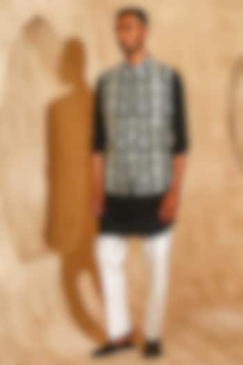 Black Cotton Silk Embroidered Nehru Jacket Set by Chatenya Mittal at Pernia's Pop Up Shop