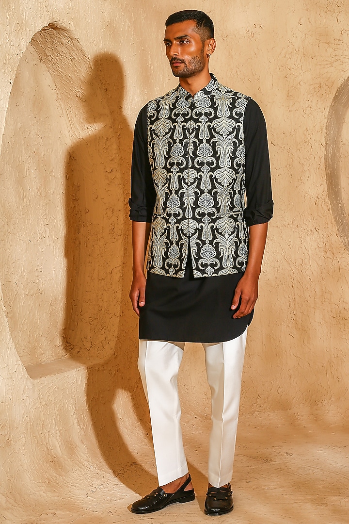 Black Cotton Silk Embroidered Nehru Jacket Set by Chatenya Mittal at Pernia's Pop Up Shop