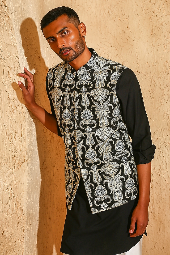 Black Cotton Silk Embroidered Nehru Jacket Set by Chatenya Mittal at Pernia's Pop Up Shop