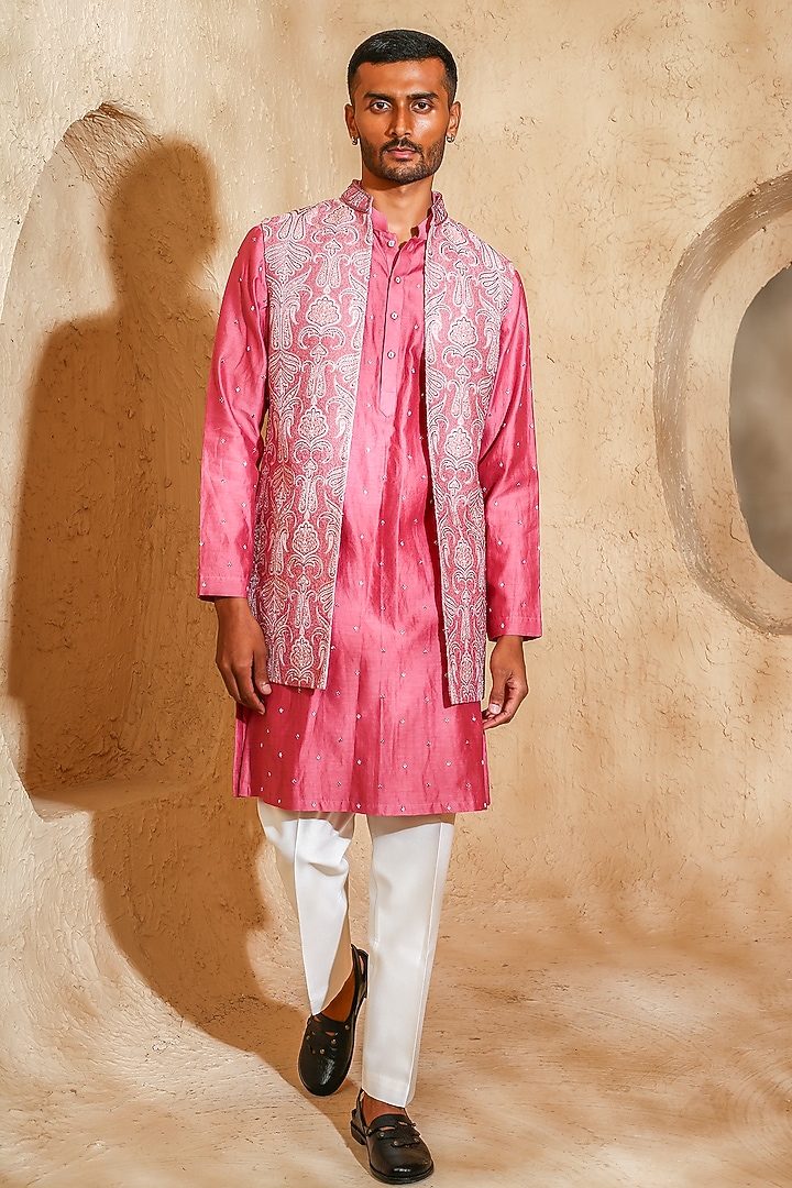 Pink Cotton Silk Embroidered Wedding Indowestern Set by Chatenya Mittal at Pernia's Pop Up Shop