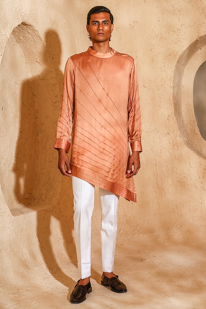Peach Modal Satin Angrakha Kurta Set by Chatenya Mittal at Pernia's Pop Up Shop