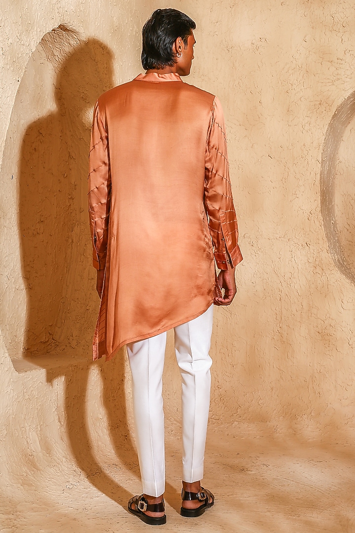 Peach Modal Satin Angrakha Kurta Set by Chatenya Mittal at Pernia's Pop Up Shop