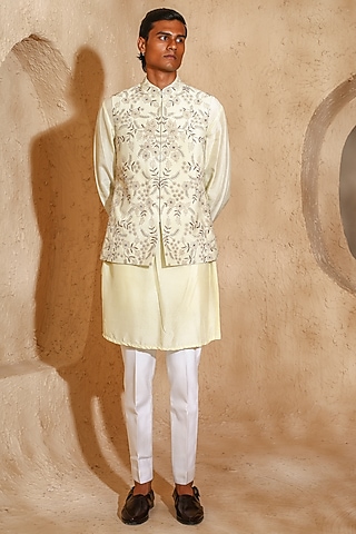 Light Beige Silk Blend Dori Work Nehru Jacket Set by Chatenya Mittal