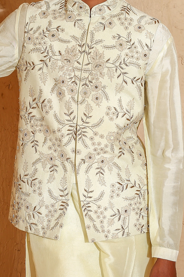 Light Beige Silk Blend Dori Work Nehru Jacket Set by Chatenya Mittal at Pernia's Pop Up Shop