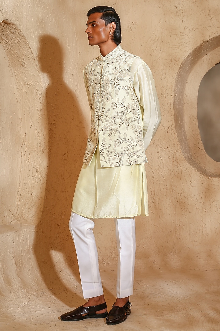 Light Beige Silk Blend Dori Work Nehru Jacket Set by Chatenya Mittal at Pernia's Pop Up Shop