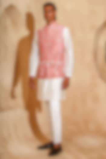 Pink Silk Blend Moti Work Nehru Jacket Set by Chatenya Mittal at Pernia's Pop Up Shop