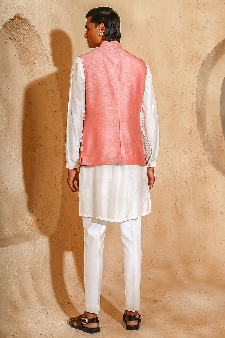 Pink Silk Blend Moti Work Nehru Jacket Set by Chatenya Mittal at Pernia's Pop Up Shop