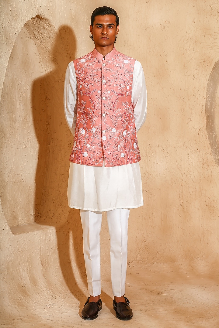 Pink Silk Blend Moti Work Nehru Jacket Set by Chatenya Mittal at Pernia's Pop Up Shop