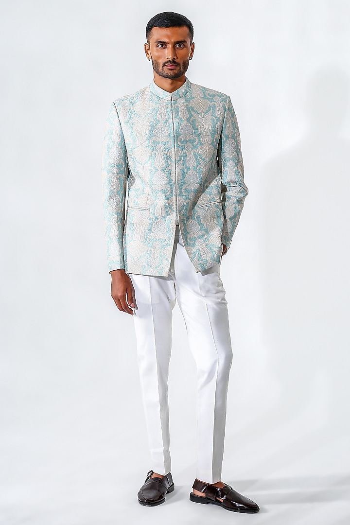 Light Blue Chanderi Silk Embroidered Wedding Bandhgala Set by Chatenya Mittal at Pernia's Pop Up Shop