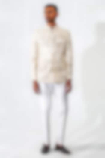 Beige Cotton Silk Embroidered Wedding Bandhgala Set by Chatenya Mittal at Pernia's Pop Up Shop