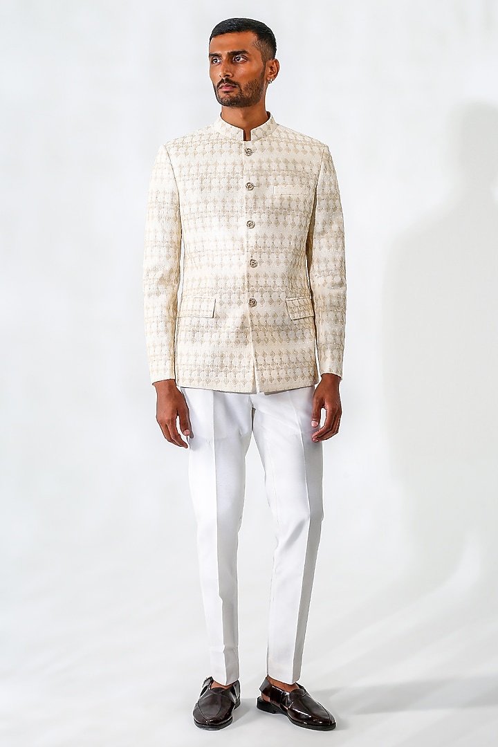 Beige Cotton Silk Embroidered Wedding Bandhgala Set by Chatenya Mittal at Pernia's Pop Up Shop