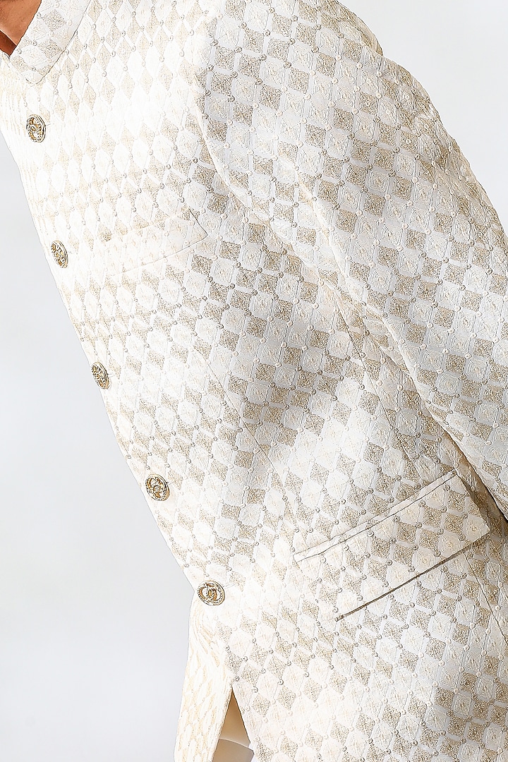 Beige Cotton Silk Embroidered Wedding Bandhgala Set by Chatenya Mittal at Pernia's Pop Up Shop
