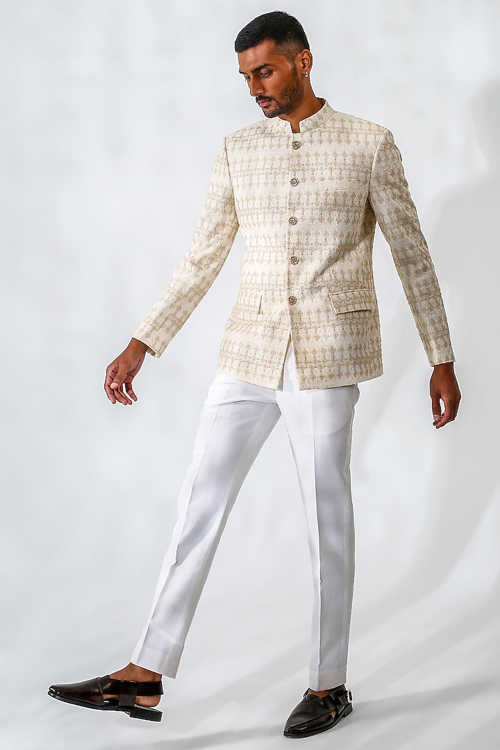 Beige Cotton Silk Embroidered Wedding Bandhgala Set by Chatenya Mittal at Pernia's Pop Up Shop