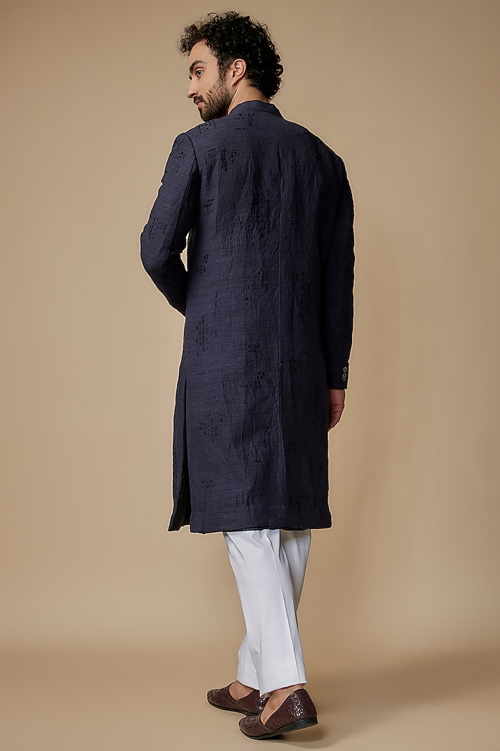 Navy Blue Cotton Silk Embroidered Wedding Sherwani Set by Countrymade at Pernia's Pop Up Shop