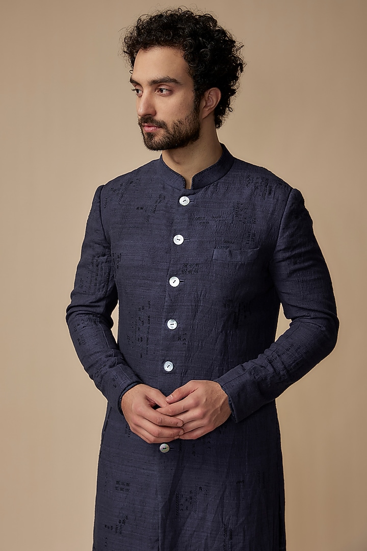 Navy Blue Cotton Silk Embroidered Wedding Sherwani Set by Countrymade at Pernia's Pop Up Shop