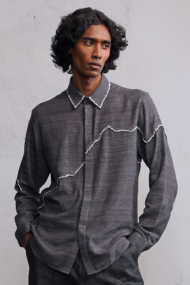 Concrete Grey Eri Silk Hand Embroidered Flap Shirt by Countrymade at Pernia's Pop Up Shop