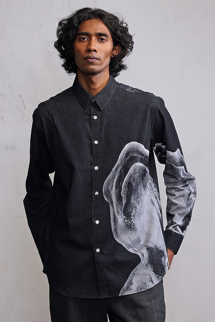 Black Corduroy Printed Shirt by Countrymade at Pernia's Pop Up Shop