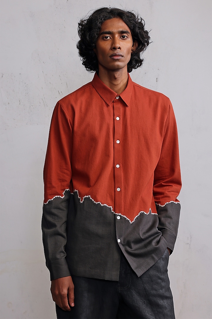 Rust & Concrete Grey Cotton Denim Hand Embroidered Shirt by Countrymade at Pernia's Pop Up Shop