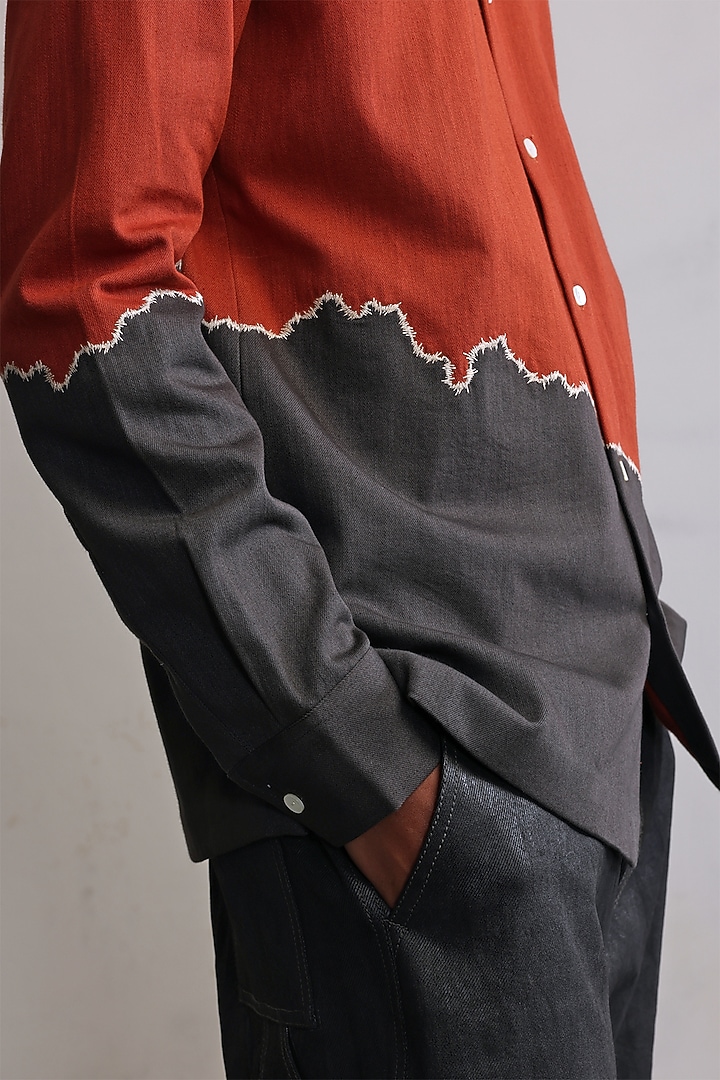 Rust & Concrete Grey Cotton Denim Hand Embroidered Party Wear Shirt by Countrymade at Pernia's Pop Up Shop