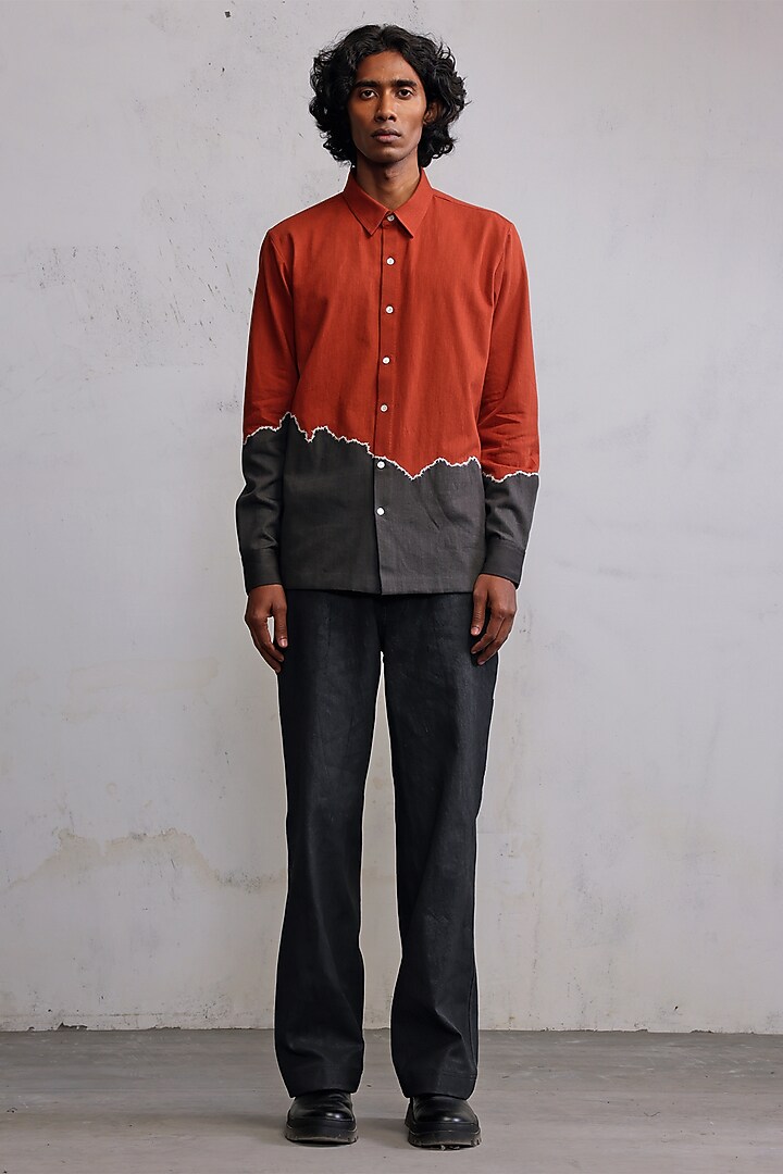 Rust & Concrete Grey Cotton Denim Hand Embroidered Party Wear Shirt by Countrymade at Pernia's Pop Up Shop