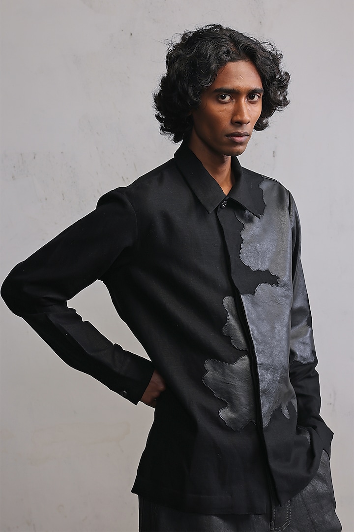 Black Linen Cotton Twill & Leather Patchwork Shirt by Countrymade