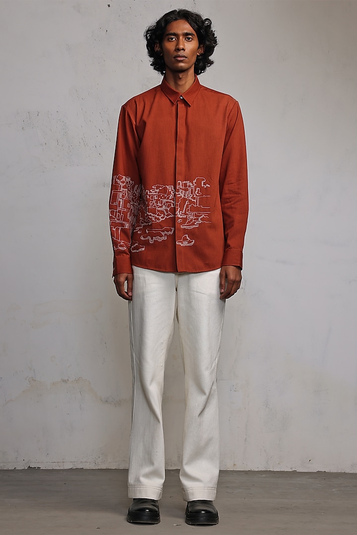 Rust Cotton Denim Hand Embroidered Shirt by Countrymade at Pernia's Pop Up Shop