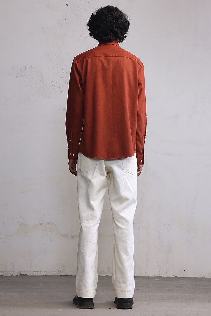 Rust Cotton Denim Hand Embroidered Party Wear Shirt by Countrymade at Pernia's Pop Up Shop