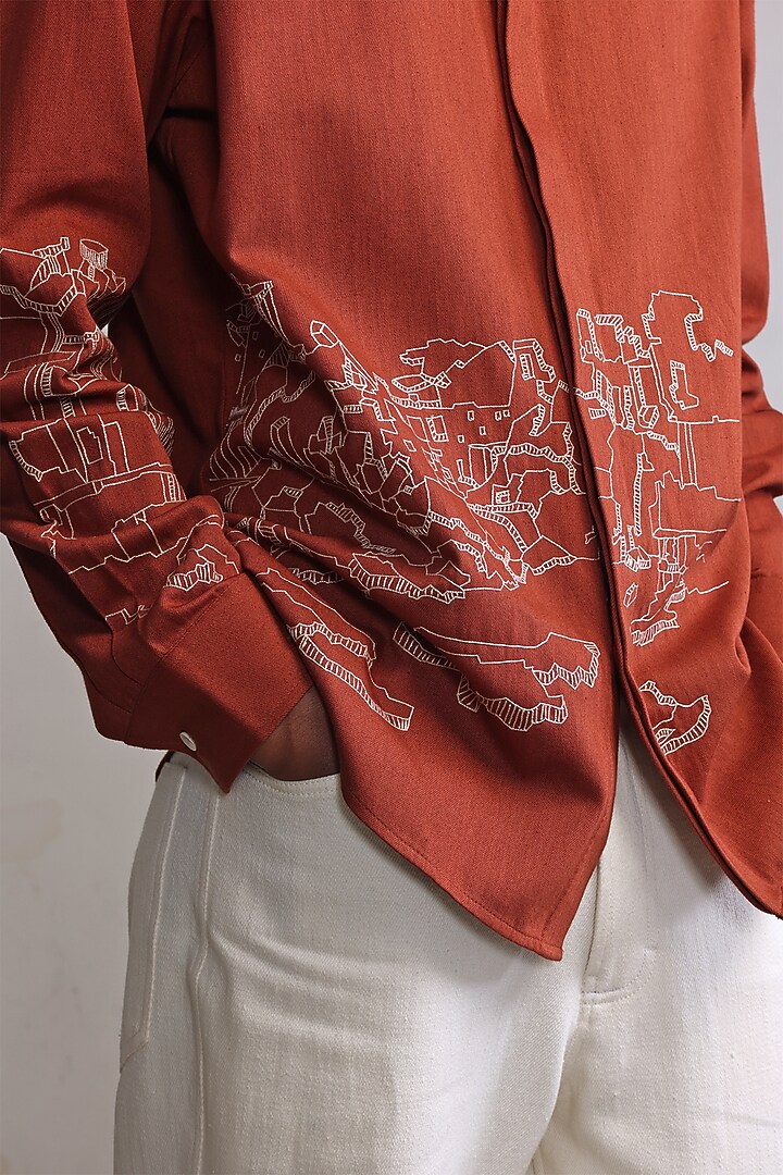 Rust Cotton Denim Hand Embroidered Party Wear Shirt by Countrymade at Pernia's Pop Up Shop