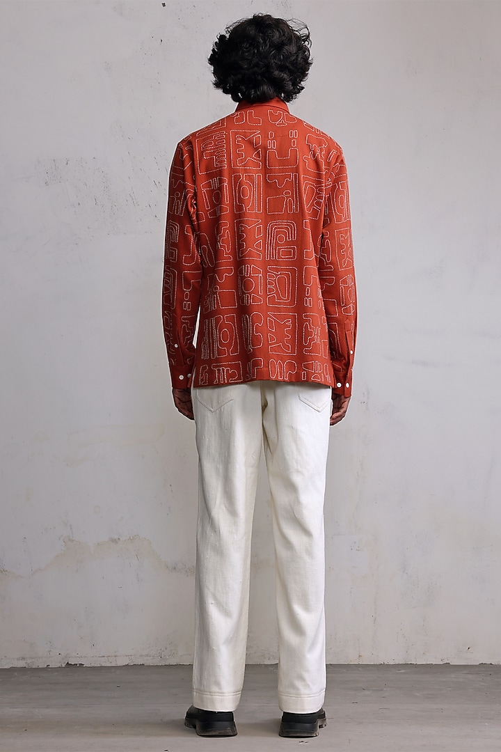 Rust Cotton Denim Hand Embroidered Wedding Shirt by Countrymade at Pernia's Pop Up Shop