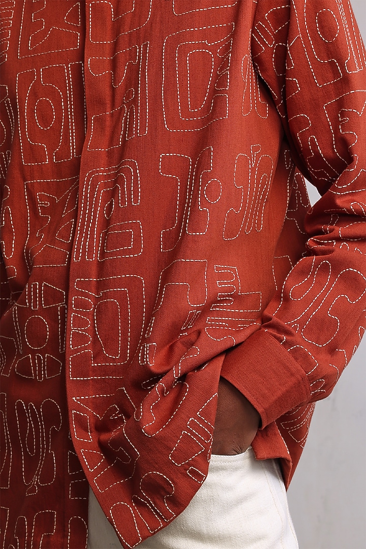 Rust Cotton Denim Hand Embroidered Wedding Shirt by Countrymade at Pernia's Pop Up Shop
