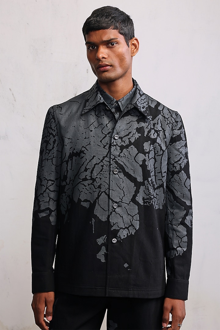 Black Cotton Denim Screen Printed Jacket by Countrymade at Pernia's Pop Up Shop