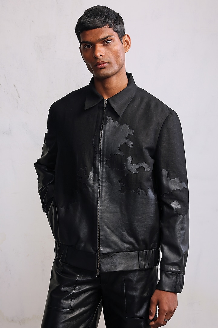 Black Linen Cotton Twill Patch Work Bomber Jacket by Countrymade at Pernia's Pop Up Shop