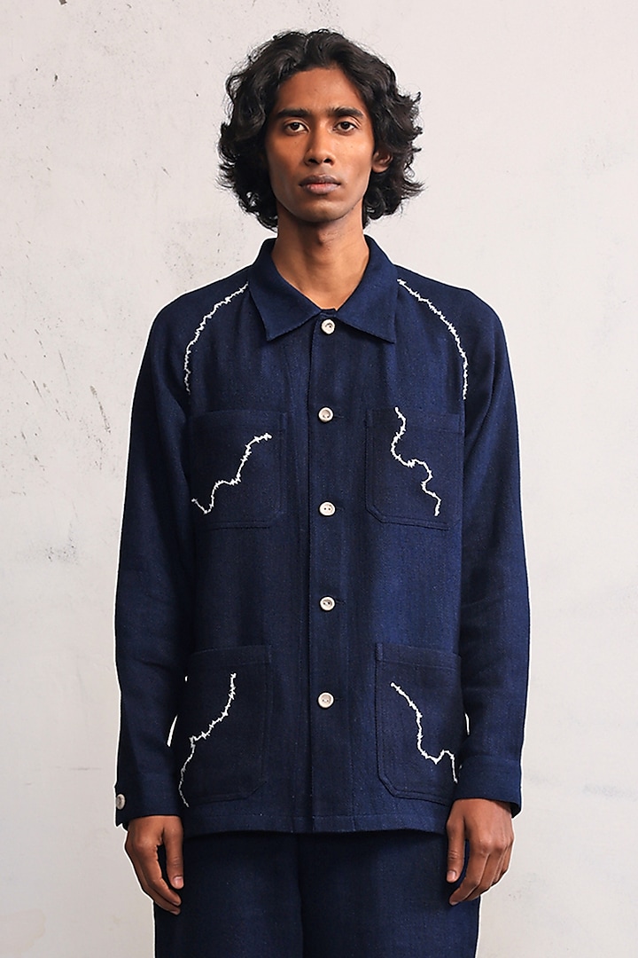 Navy Herringbone Embroidered Overshirt by Countrymade at Pernia's Pop Up Shop