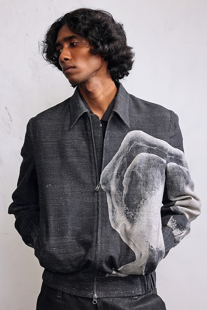 Concrete Grey Eri Silk Digital Printed Bomber Jacket by Countrymade at Pernia's Pop Up Shop