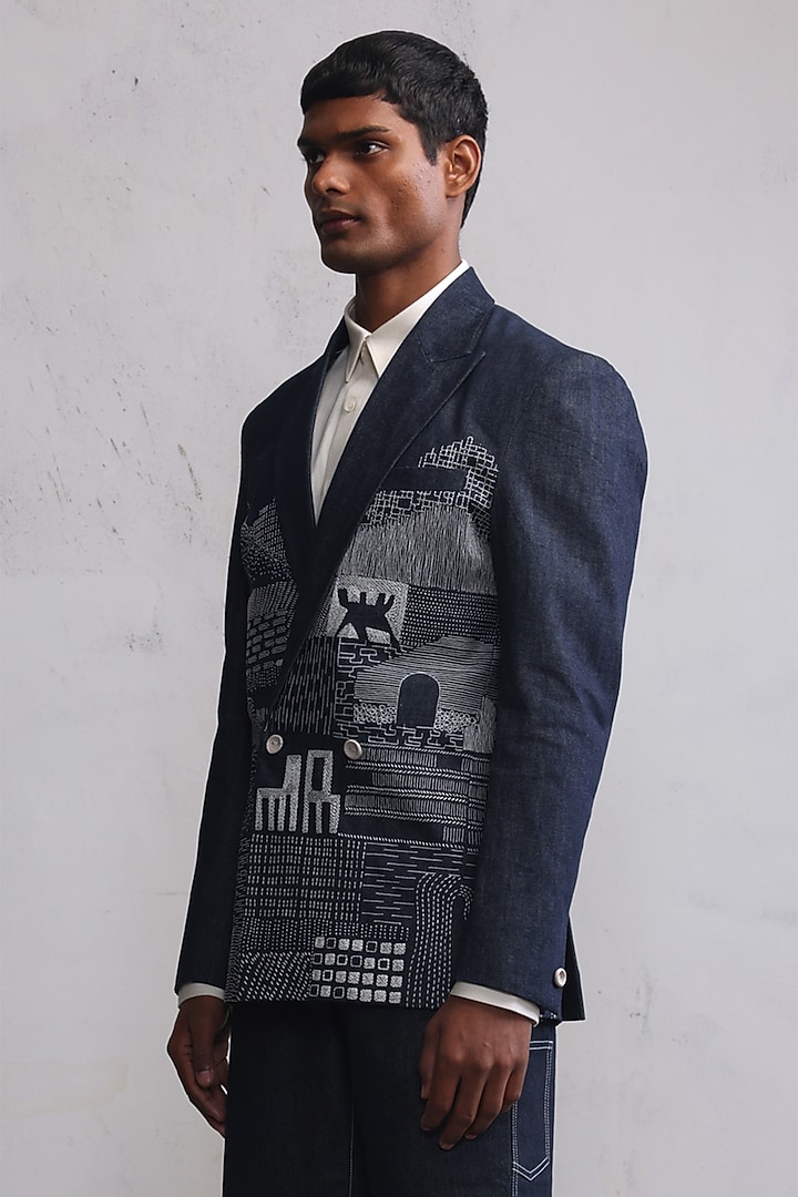 Navy Selvedge Denim Hand Embroidered Blazer by Countrymade at Pernia's Pop Up Shop