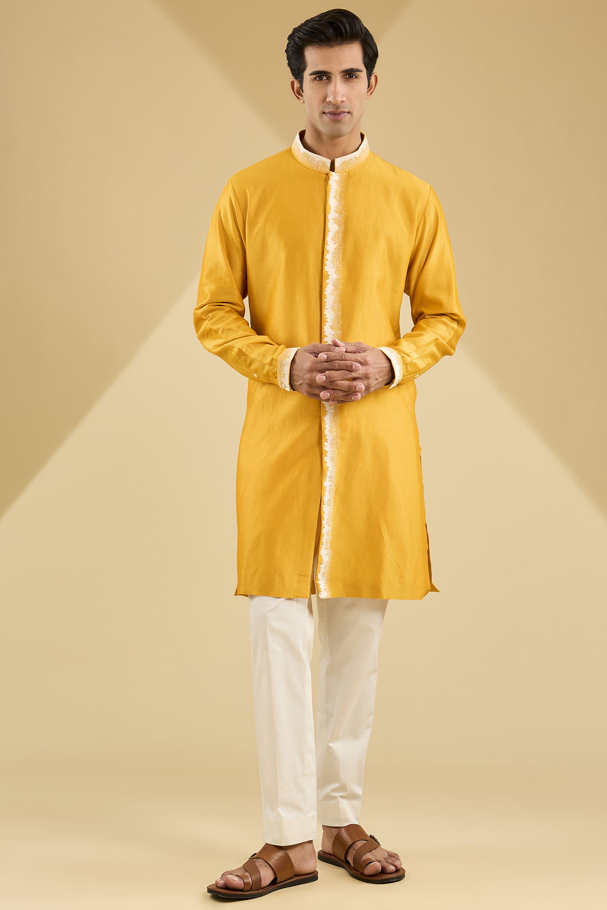 Mustard Chanderi Hand Embroidered Kurta Set by Countrymade