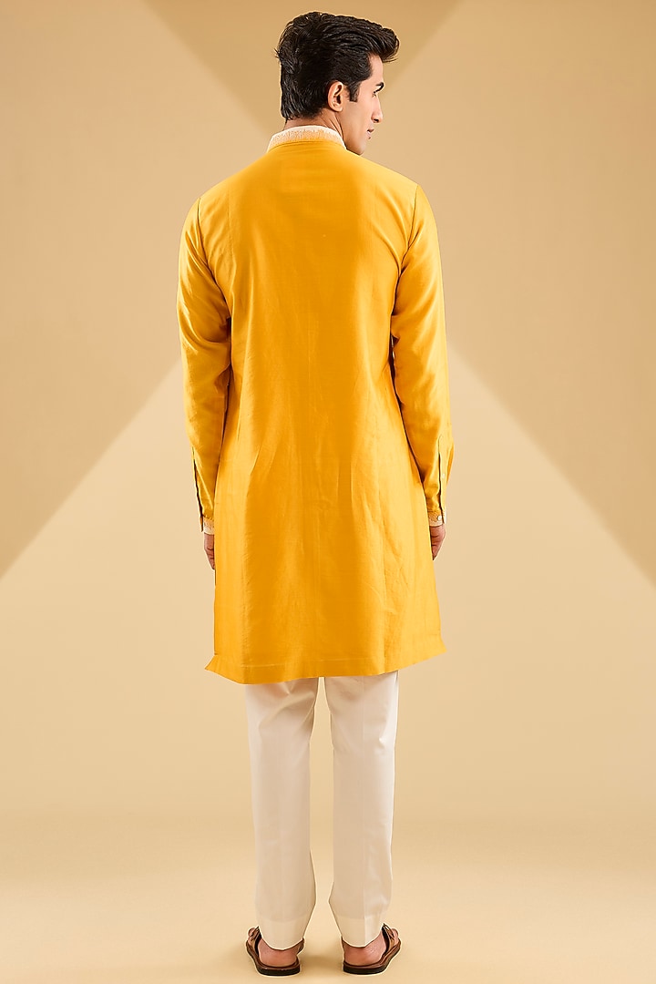 Mustard Chanderi Hand Embroidered Kurta Set by Countrymade at Pernia's Pop Up Shop