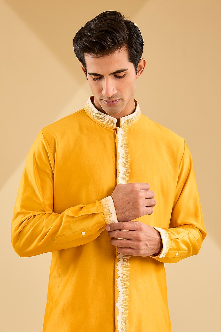 Mustard Chanderi Hand Embroidered Kurta Set by Countrymade at Pernia's Pop Up Shop