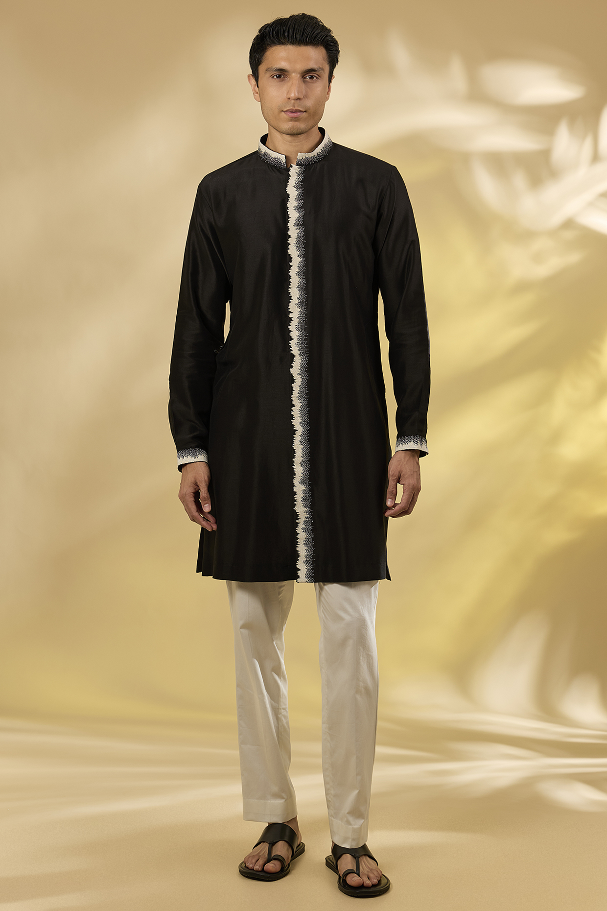 Black Chanderi Embroidered Kurta Set by Countrymade