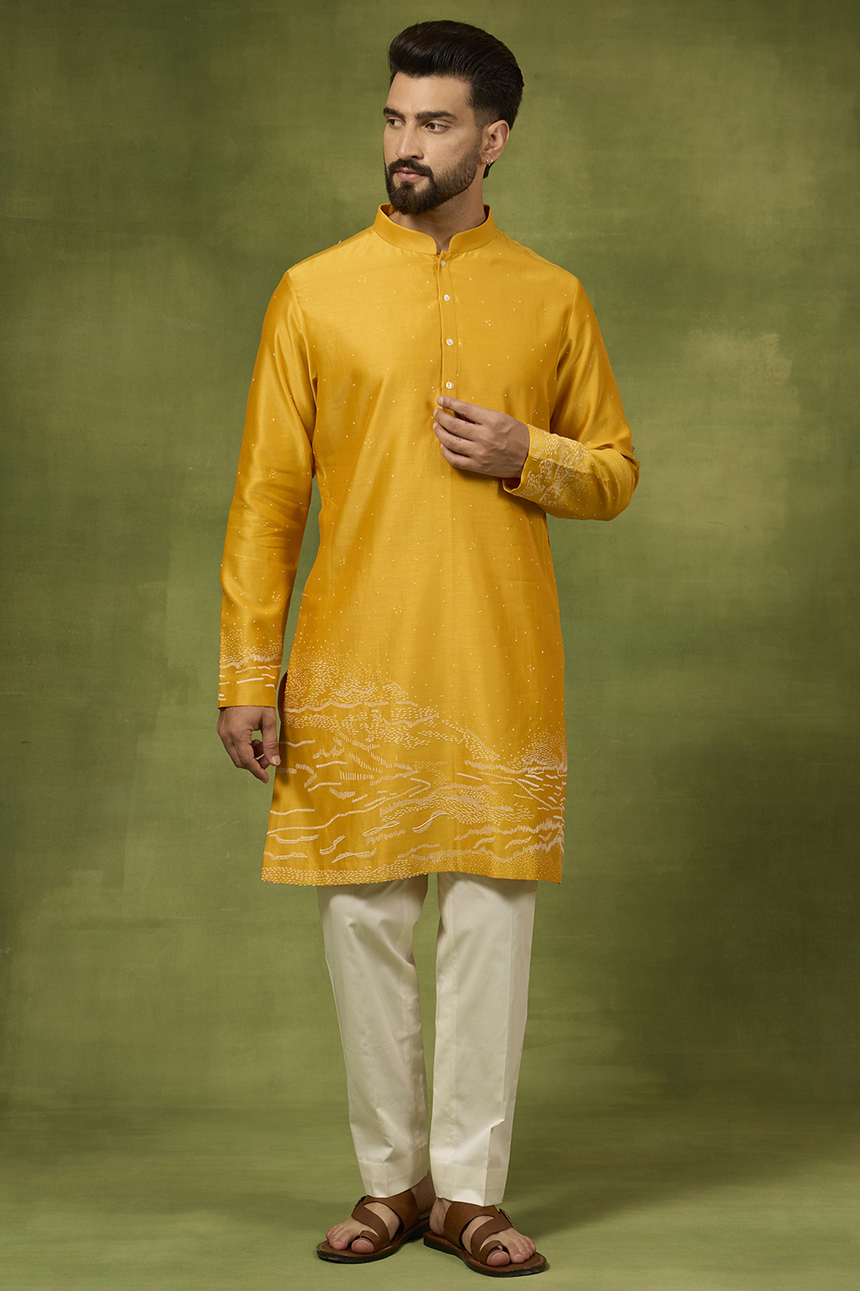 Mustard Chanderi Embroidered Kurta Set by Countrymade