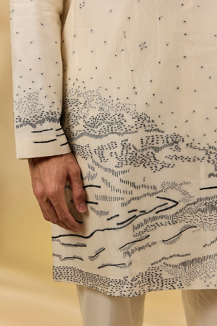 Ivory Chanderi Hand Embroidered Kurta Set by Countrymade at Pernia's Pop Up Shop