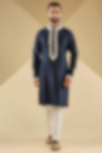 Navy Chanderi Hand Embroidered Kurta Set by Countrymade at Pernia's Pop Up Shop