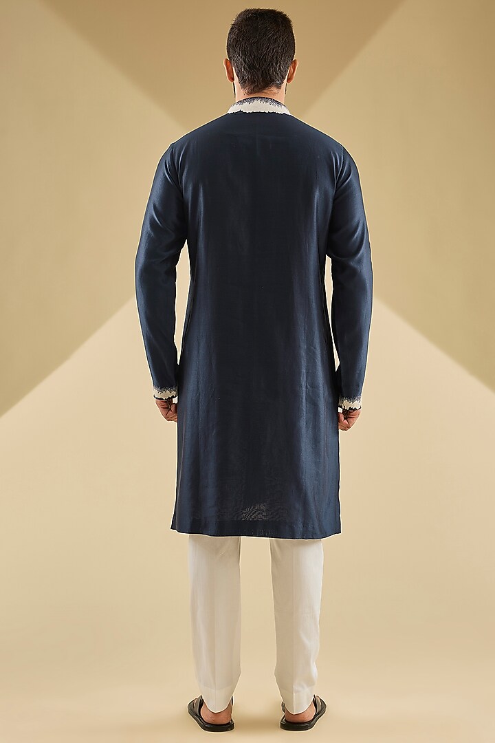 Navy Chanderi Hand Embroidered Kurta Set by Countrymade at Pernia's Pop Up Shop