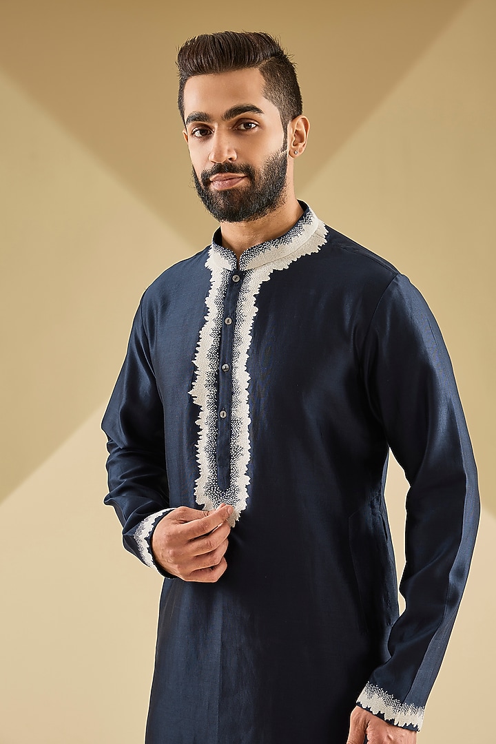 Navy Chanderi Hand Embroidered Kurta Set by Countrymade at Pernia's Pop Up Shop